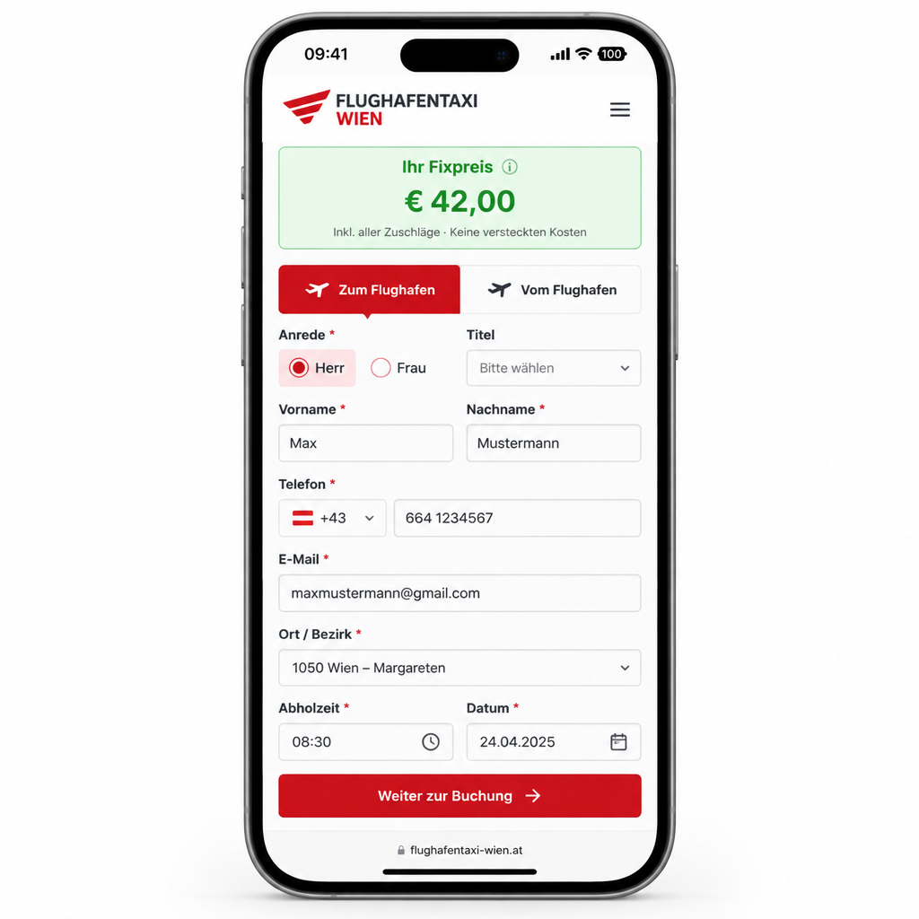 Flughafentaxi Wien als App auf einem Smartphone – ausgefülltes Bestellformular mit Fixpreis