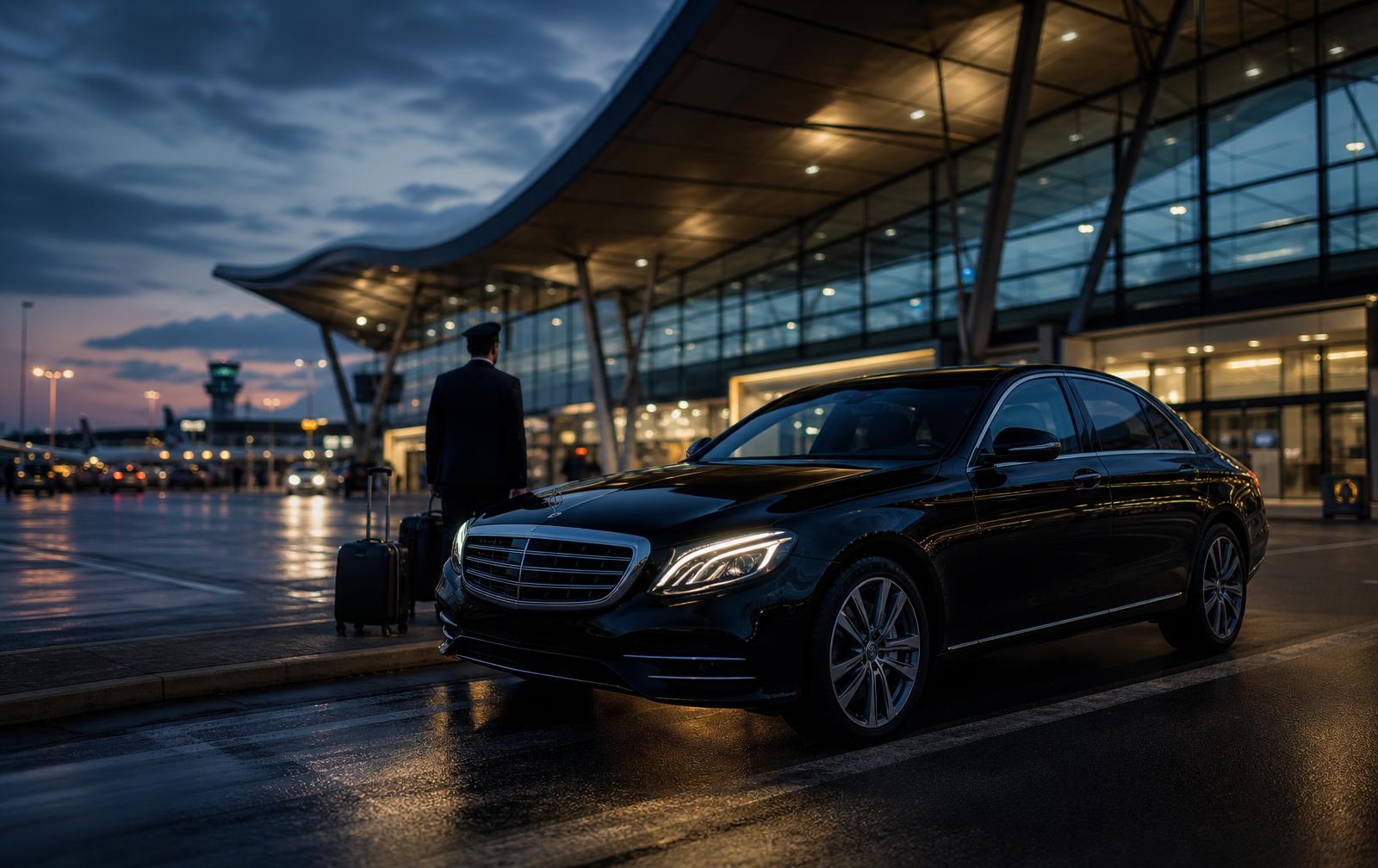 Schwarze Limousine des Flughafentaxi Wien vor dem Terminal in Schwechat